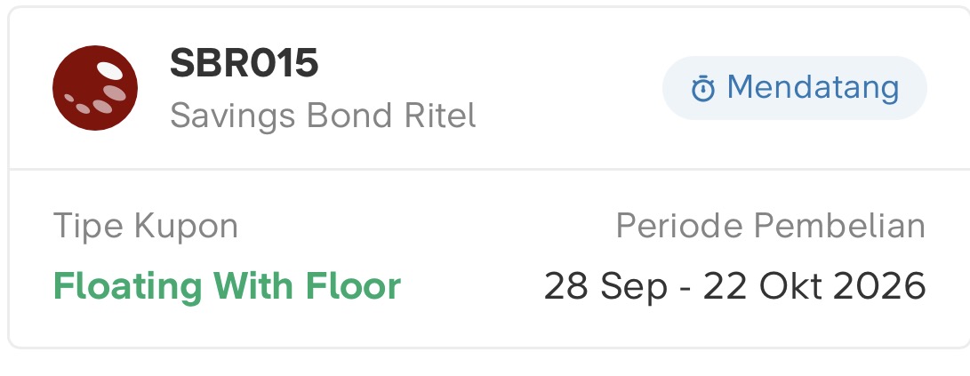 SBR015, kupon floating with floor, periode pembelian 28 Sep - 22 Okt 2026